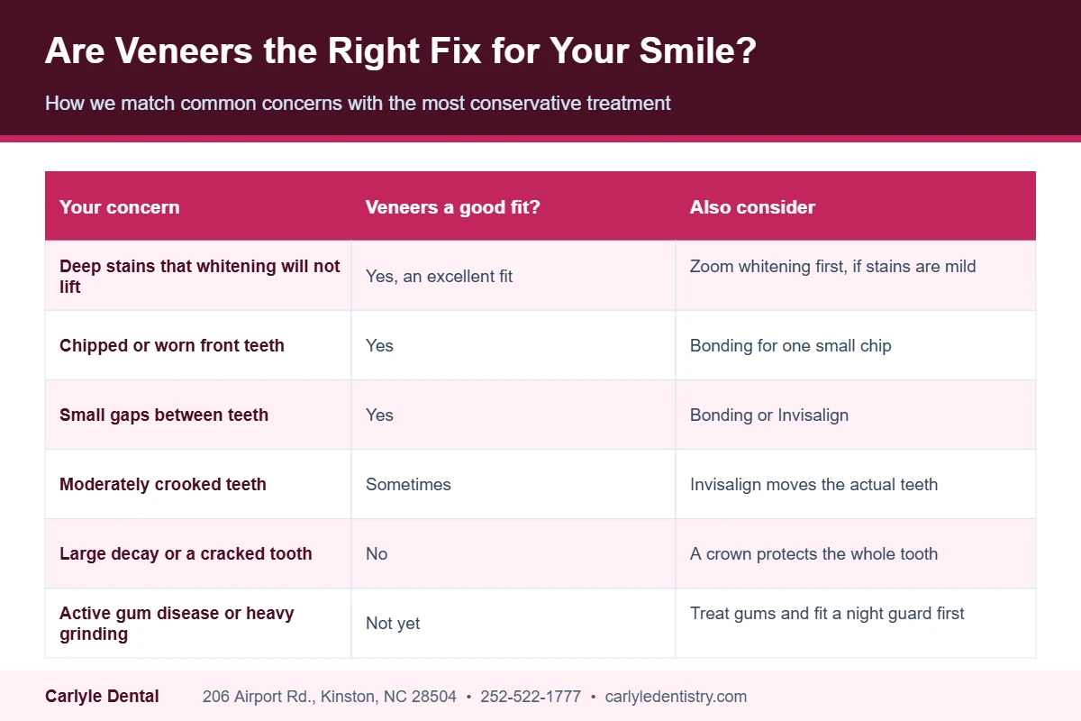 Table matching smile concerns such as stains, chips, gaps and crooked teeth with porcelain veneers or alternatives like whitening, bonding and Invisalign
