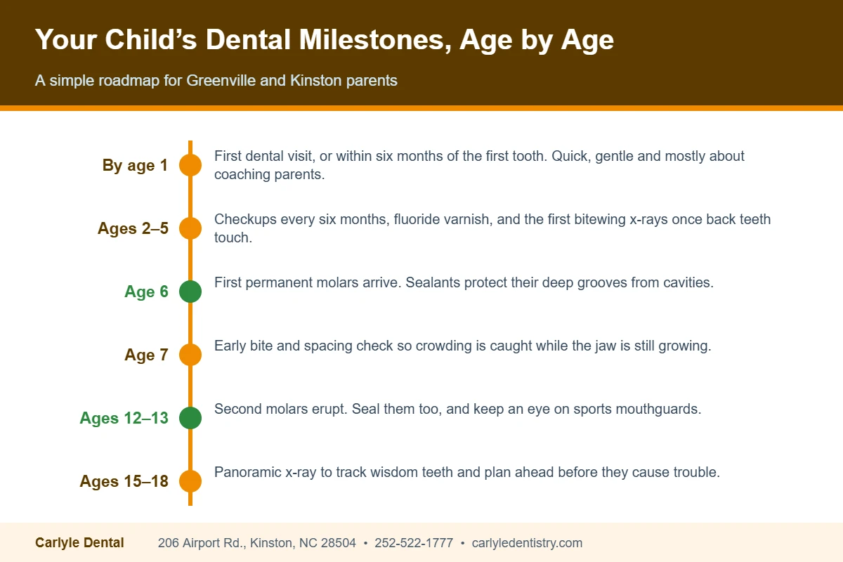 Timeline of children’s dental milestones from the first dental visit at age one through sealants, orthodontic checks and wisdom teeth
