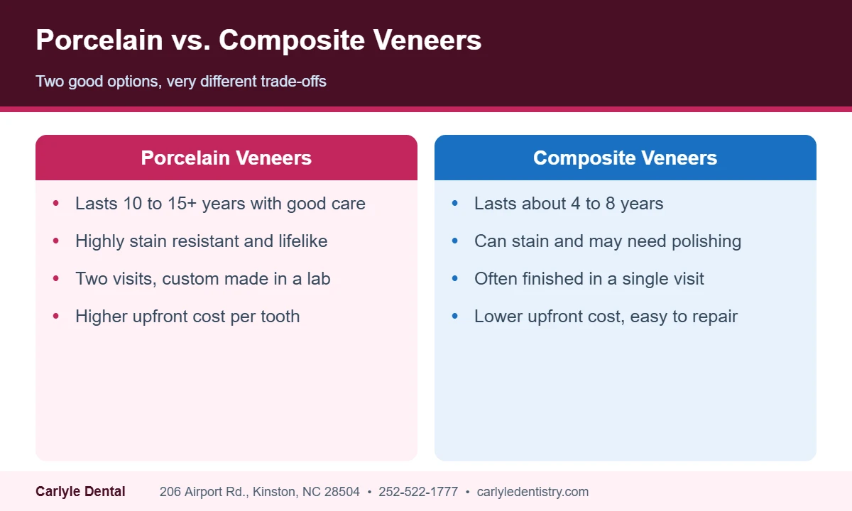 Comparison of porcelain veneers and composite veneers by lifespan, stain resistance, visits and cost at Carlyle Dental in Kinston NC